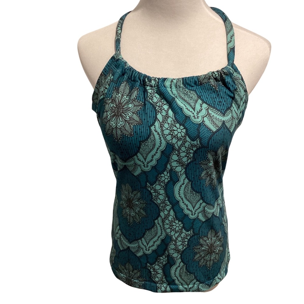 Prana Teal Floral Mandala Halter T-Back Swim‎ Tankini Top Built-in Bra Womens L